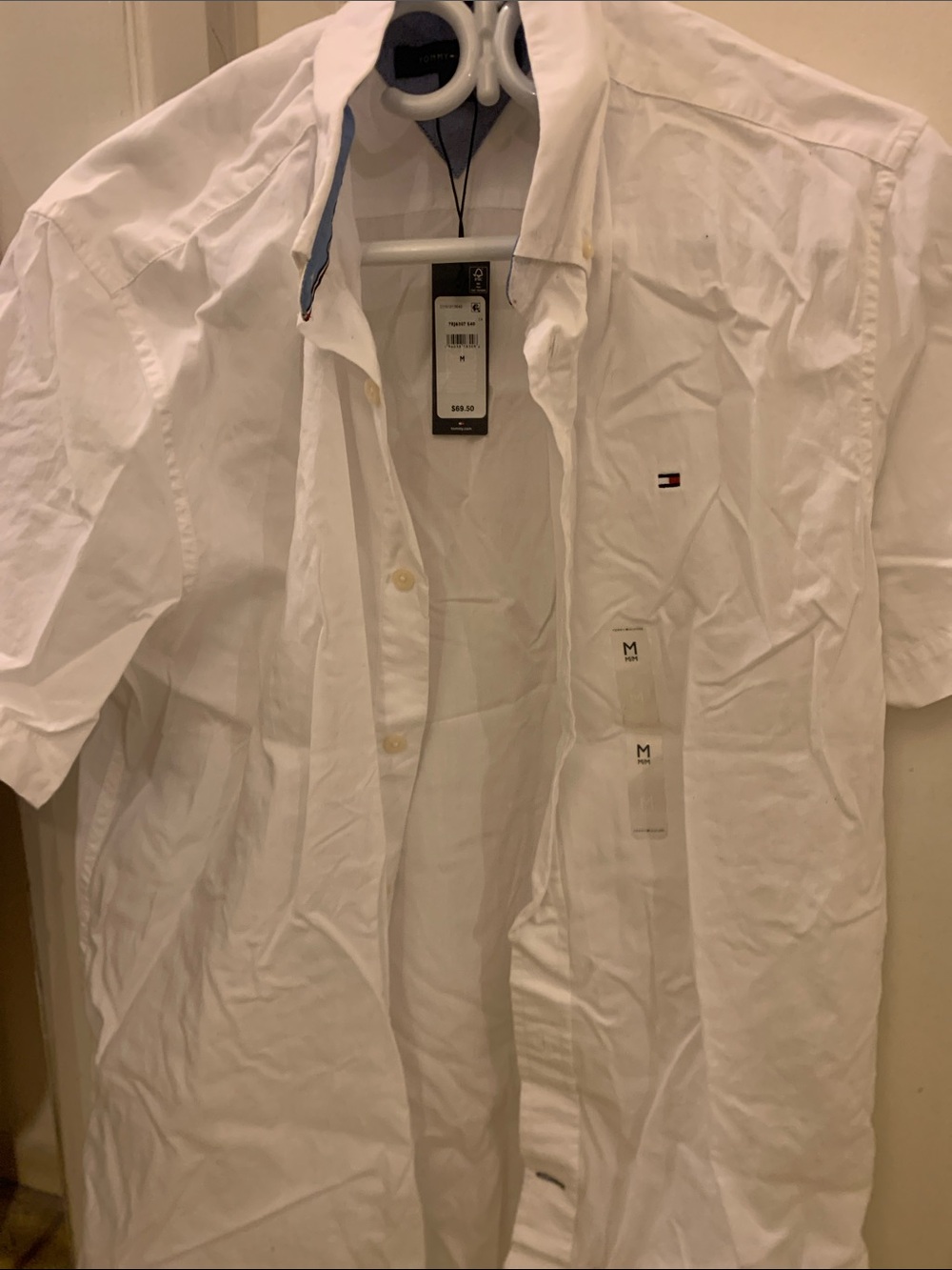 Tommy Hilfiger Men’s Medium New White Short-Sleeve Button-Down Shirt with Logo
